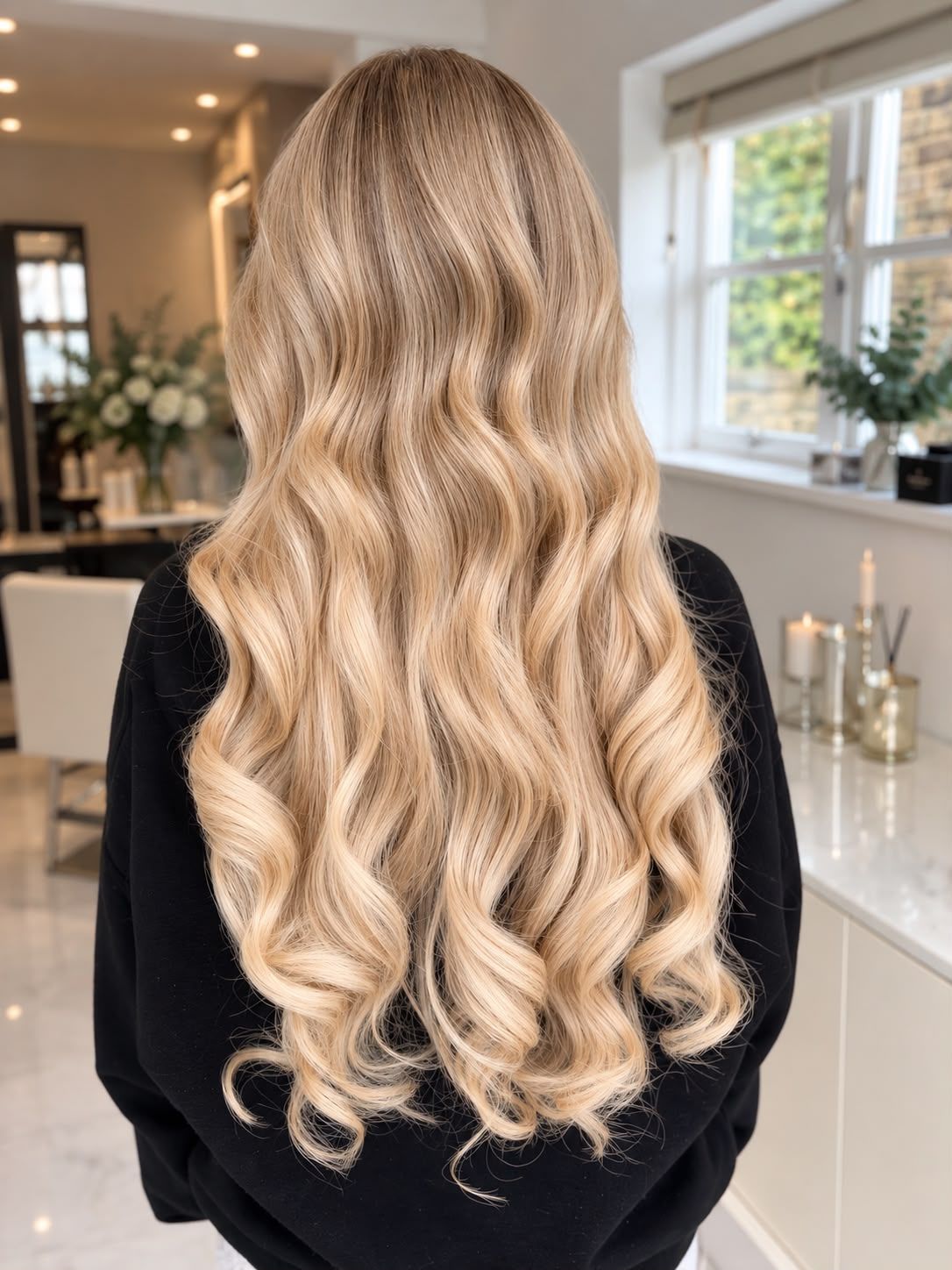 Back view of very long honey blonde hair styled in loose, glossy waves